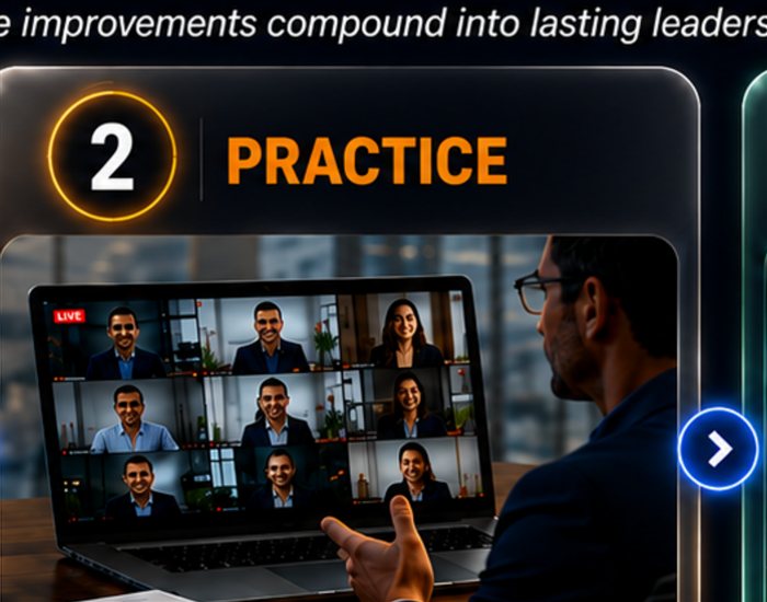 An executive practises a live decision-making simulation over video call.